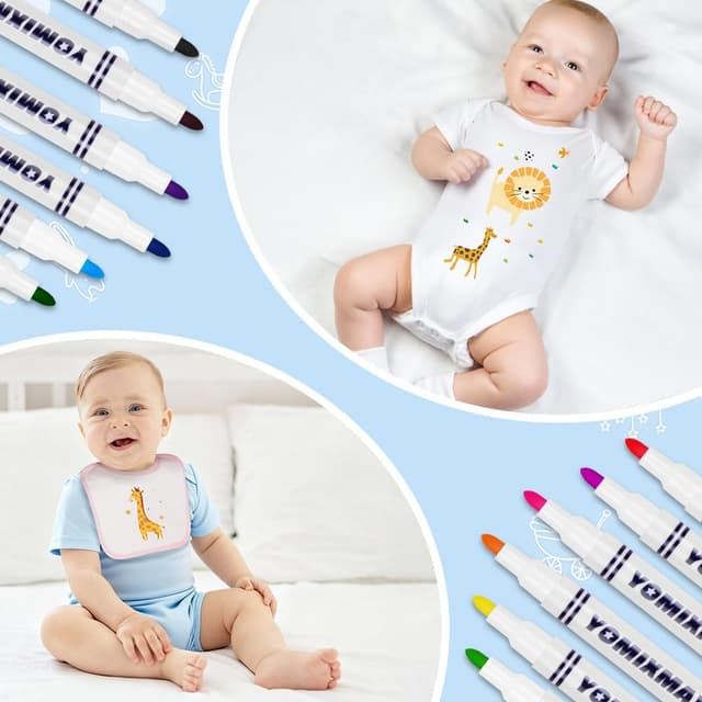 Detalle de Aolso baby painting bibs set (6 bibs, 6 bodysuits) with textile pens and stencils for 6–9 months