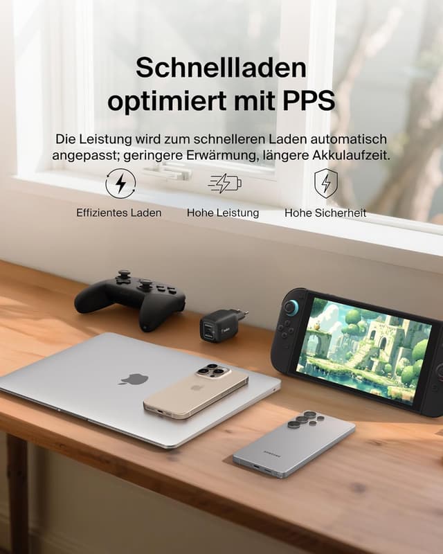 Detalle 2 de Belkin Gaming USB-C Ladegerät mit 2 Anschlüssen (65 W, GaN) für Nintendo Switch 2, iPhone & mehr – Schwarz
