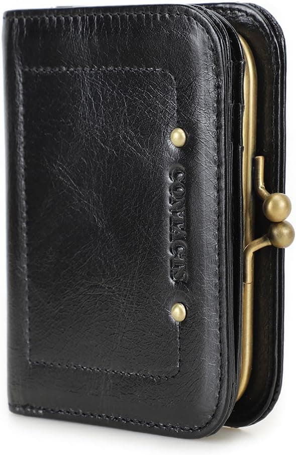 Detalle de CONTACTS women’s RFID blocking slim wallet with kiss lock coin purse – genuine leather compact bifold (black)