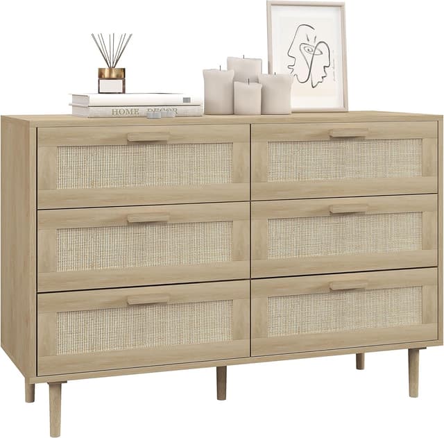 Detalle de HOMCOM Commode 6 tiroirs rotin clair 110x40x75 cm