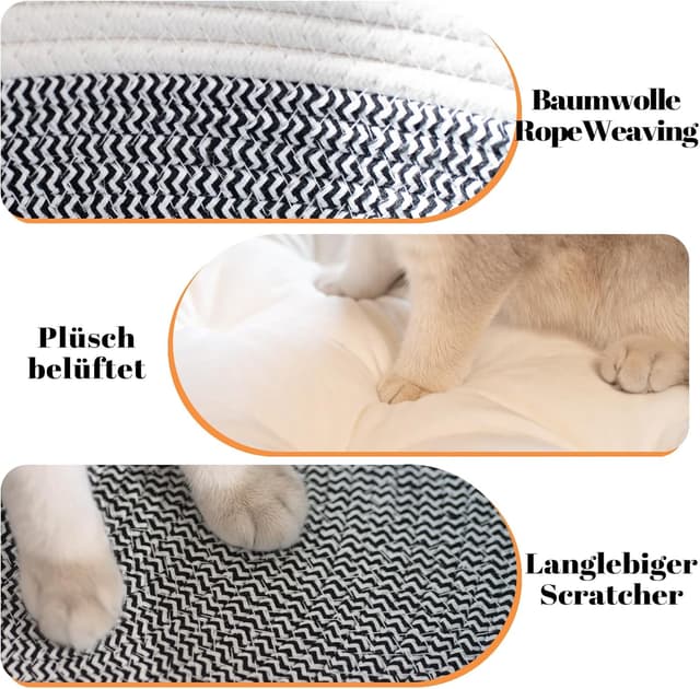Detalle de CheerPals Katzenbett mit Kissen (47 cm) – waschbarer Katzenkorb aus Baumwollseilen, für Sommer & Winter