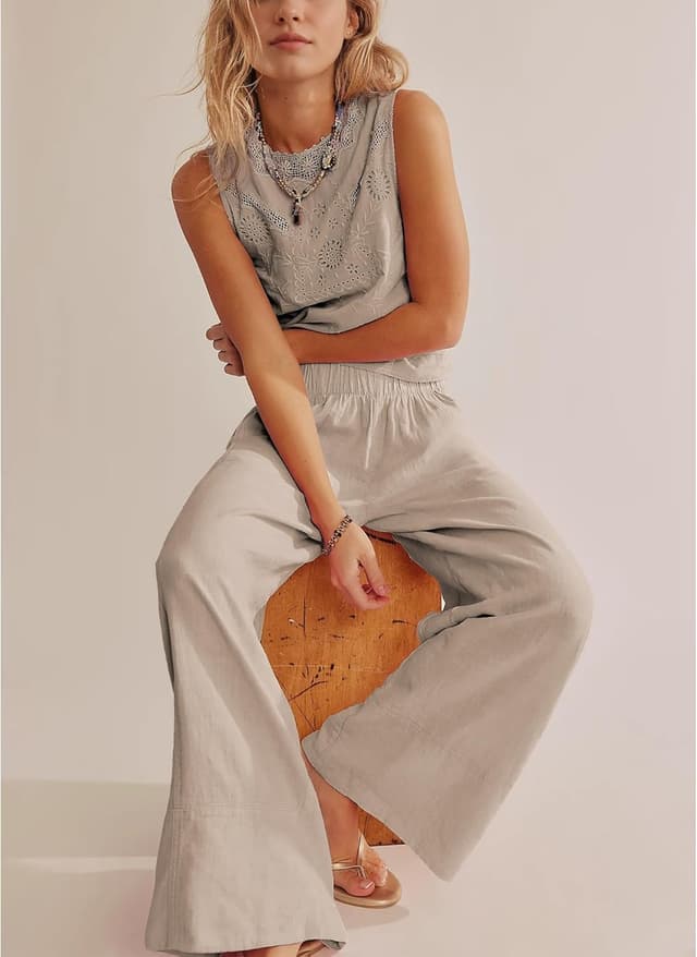 Detalle de SeeLuNa Linen Pants for Women — Cotton Baggy Boho Palazzo Pants with Pockets