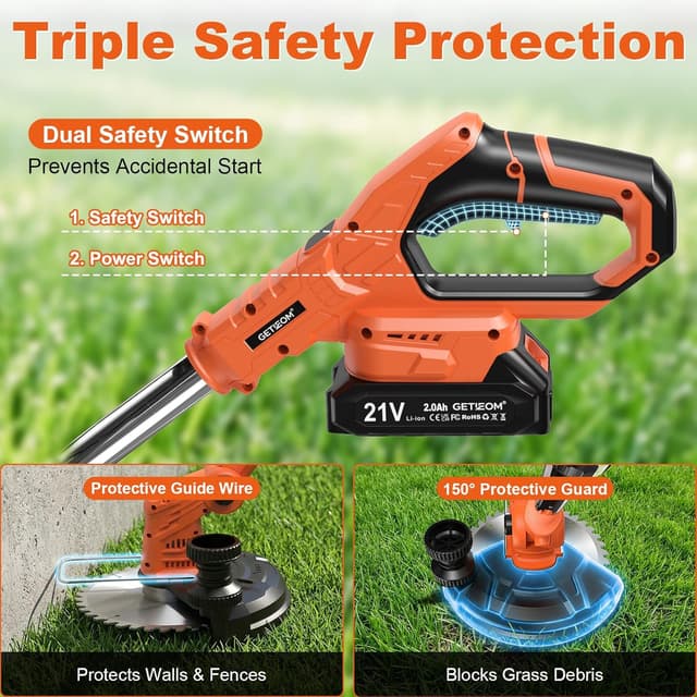 Detalle 2 de GETIEOM Cordless Strimmer with 2 × 2.0Ah Batteries (850W) and LCD power display – 4-in-1 garden trimmer
