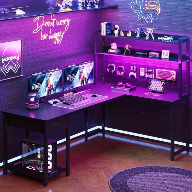 Detalle 2 de YOUDENOVA scrivania gaming angolare reversibile con pannello forato, libreria e LED RGB (155x100x152 cm) nero