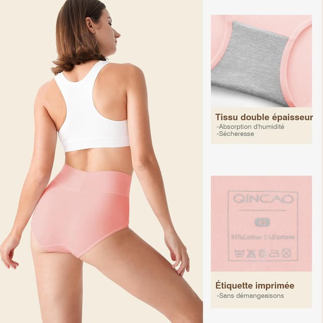 Detalle de Pack de 6 culottes femme QINCAO à taille haute en coton élastique