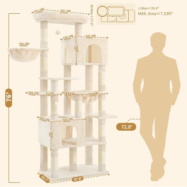 Detalle 2 de Heybly Kratzbaum Groß (193 cm) – mit 2 Katzenhäuschen, Hängematte, Korb und 10 Sisal-Kratzstämmen, Beige HCT039M