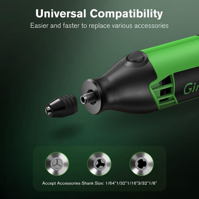 Detalle de Ginour Rotary Tool Kit 200W (6 Variable Speeds 8000–35000RPM) with Keyless Chuck & Flex Shaft — 135 Accessories