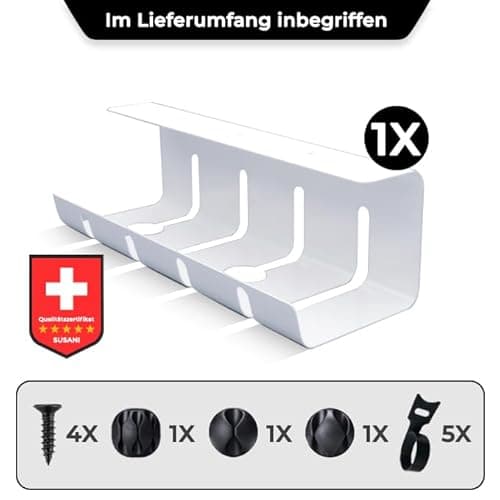 Detalle de SUSANI Kabelkanal Schreibtisch (Weiß) – extra langes 1er Set für Kabelmanagement am Arbeitsplatz, inkl. Zubehör