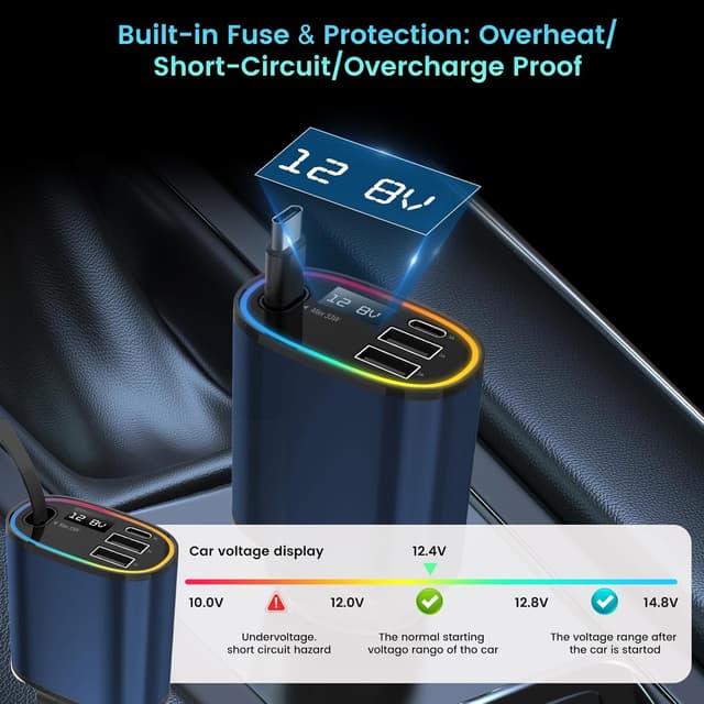Detalle 2 de Retractable 78W Car Charger (4-in-1) with USB-C/USB-A and Type-C Cable – RGB Light