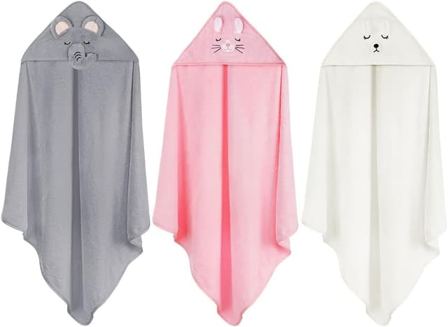 Detalle de Aolso Cape de bain bébé à capuche 3 pièces 80 x 80 cm (corail) Éléphant gris + Chaton rose + Ours blanc