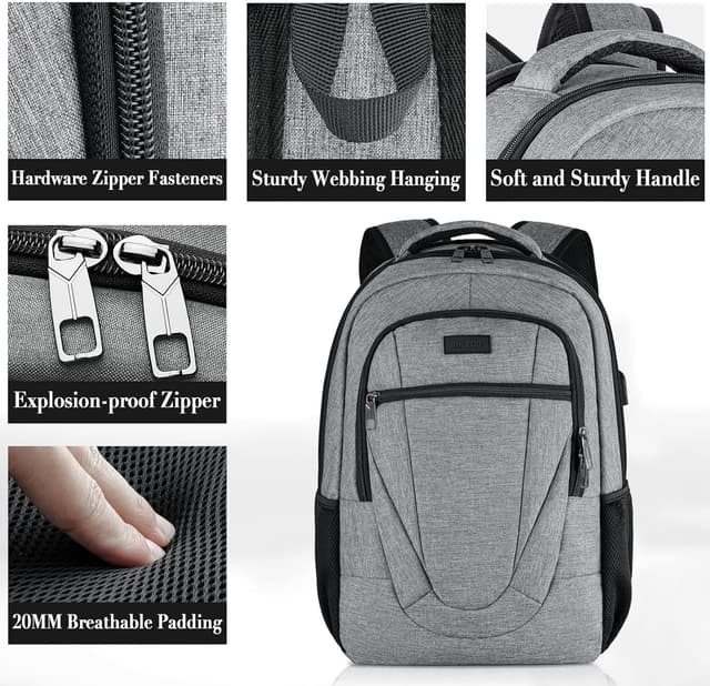 Detalle de BIKROD Rucksack für Damen & Herren – wasserfester Schul- & Laptoprucksack mit USB-Anschluss, 15,6 Zoll, Anti-Diebstahl
