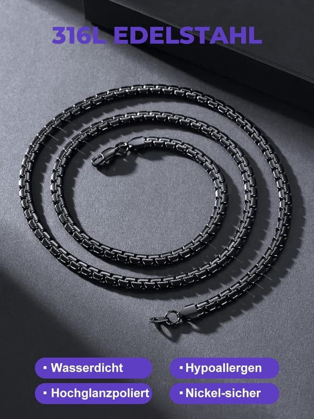 Detalle de Richsteel Edelstahl-Kette Herren & Damen Venezianisch 2/4/6 mm Silber/Schwarz/Vergoldet – Längen von 35 bis 76 cm