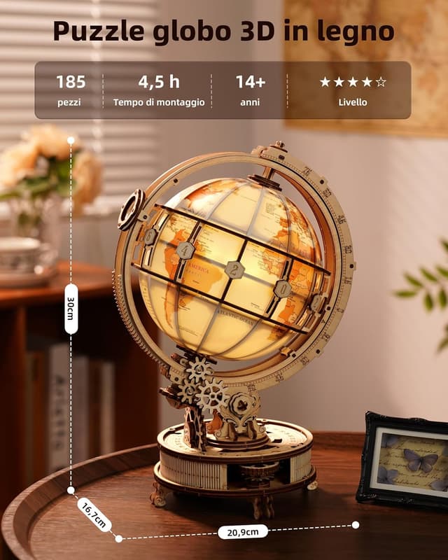 Detalle 1 de Robotime Globo Terráqueo 3D de Madera con Luz LED