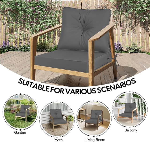 Thumbnail 6 de PRIMEPATIO 50 x 50cm Dark Grey 7cm Waterproof Outdoor Chair Cushion with Backrest