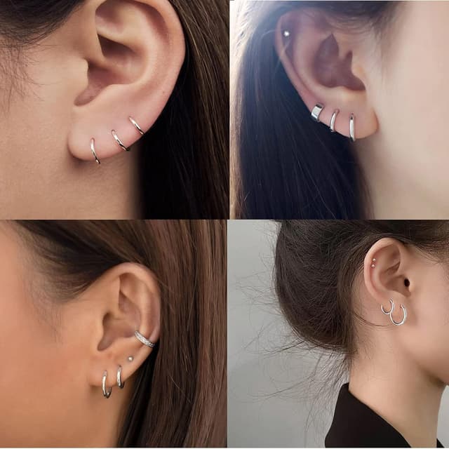 Detalle de Silber 925 Creolen-Set (3 Paar) – kleine Huggies & Helix/Tragus Ohrringe mit 14 Karat Weißgold-Überzug
