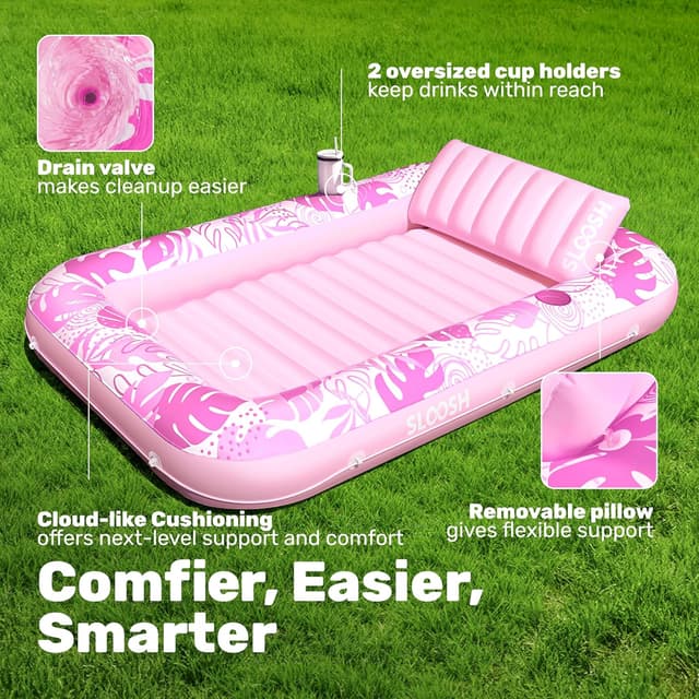 Detalle 2 de SLOOSH Inflatable Tanning Pool Lounger Float (85" x 57") for Adults, Extra Large Sunbathing Raft with Removable Pillow, 4-in-1 Design, Blushing Pink