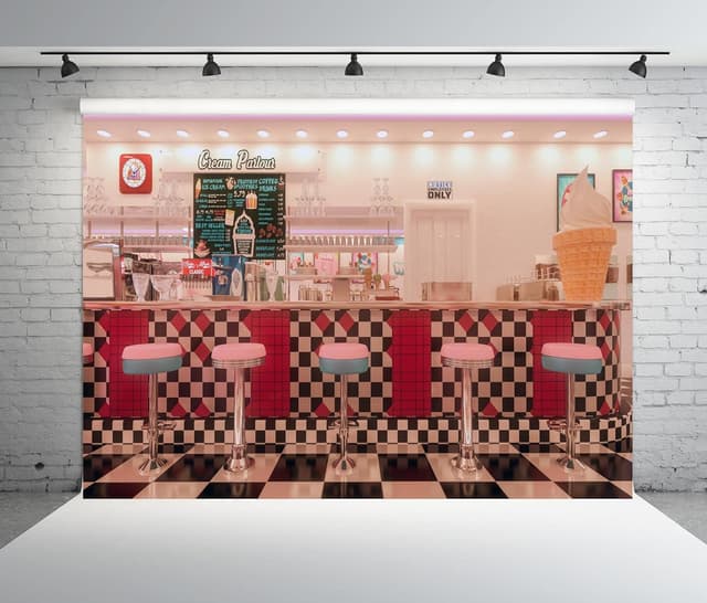 Detalle de BELECO Vintage 50s Diner Backdrop for Photography (American Diner style, 2.1 x 1.5 m polyester fabric)