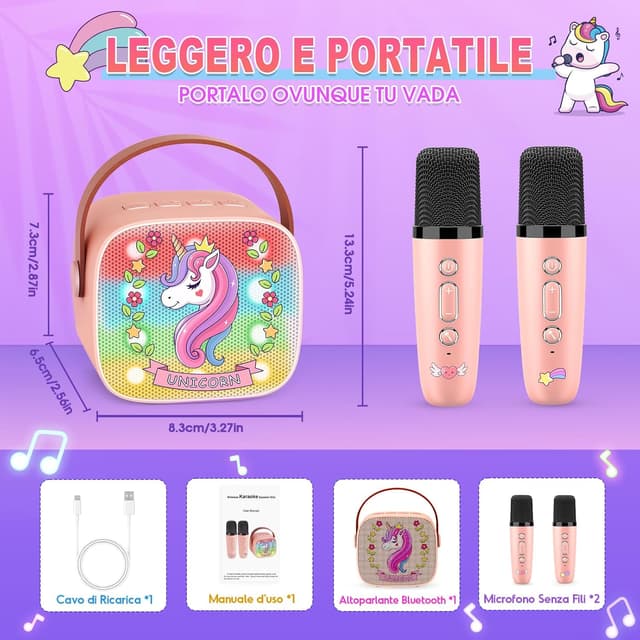 Detalle de Dislocati karaoke per bambini con 2 microfoni wireless, Bluetooth e luci LED a tema unicorno (3-12 anni)