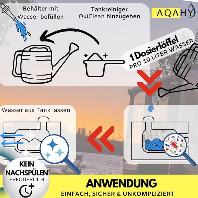 Detalle de AQAHY Wassertank Reiniger Wohnmobil Oxi Clean (500 g) 2in1 – Frischwassertank-Reiniger & Entkalker mit Aktivsauerstoff