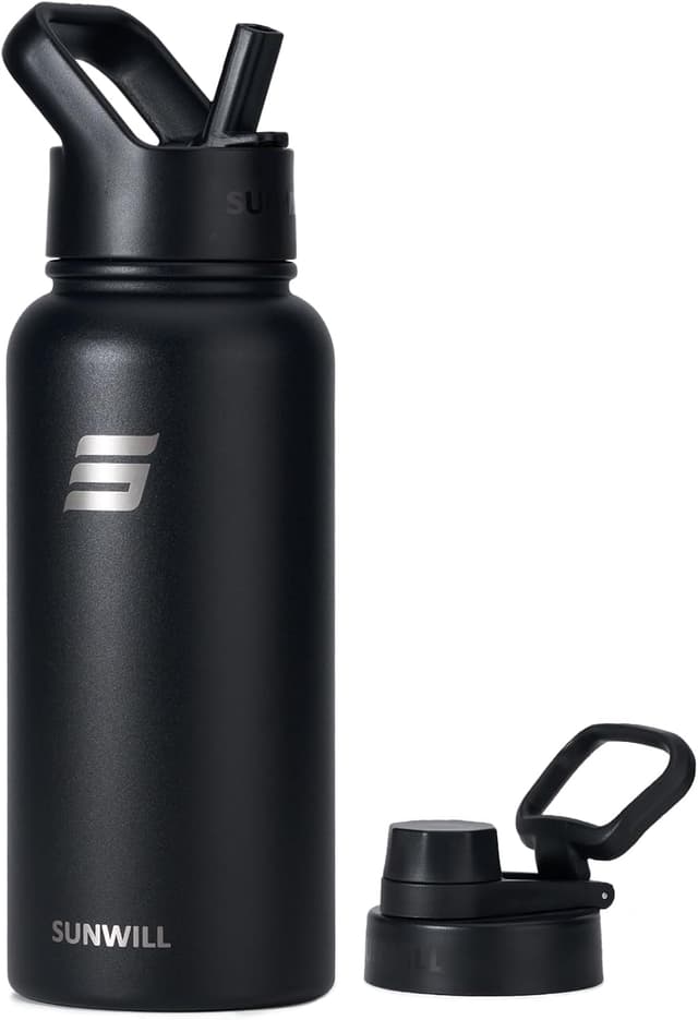 Detalle de SUNWILL 1L insulated stainless steel water bottle with straw, two lids and leakproof design (black)