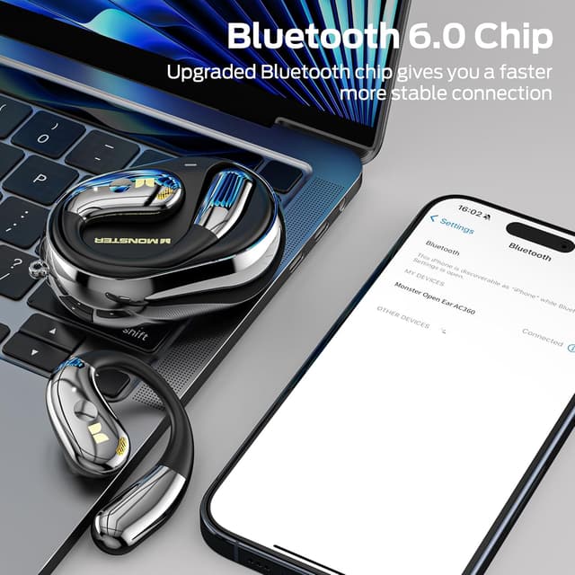 Detalle de Monster Open Ear AC360 Bluetooth 6.0 Wireless Earphone (Open-Ear) with Lanyard, Touch Control, IPX5