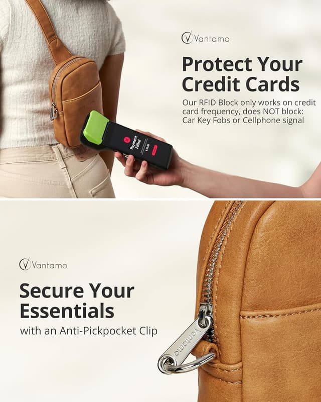 Detalle de Vantamo RFID Blocking Crossbody Bag for Women – Vegan Leather Sling with Anti-Pickpocket Clip