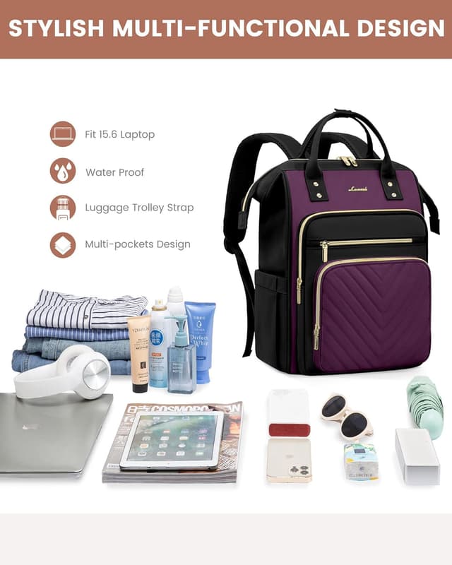 Detalle de LOVEVOOK Damen-Rucksack für Laptop bis 15,6 Zoll (wasserdicht) – City-/Reiserucksack in Violett
