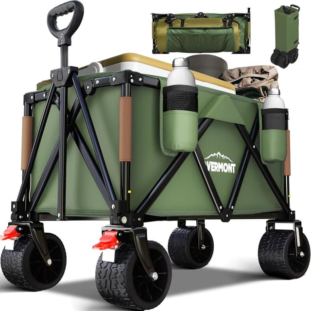 Detalle de Overmont 150kg Festival Camping Trolley on Wheels (Heavy-Duty Folding Beach Wagon Cart) – Green