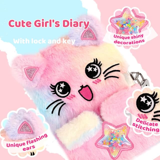Detalle de PrinBarBee Cat Diary for Girls with Lock and Keys (Tie-Dye Fuzzy Hardcover Notebook, 160 Double-Sided Pages) — A Star-Cat