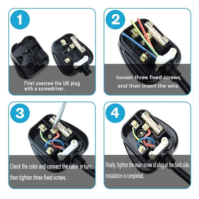 Detalle de 8-Pack Rubber Composite Rewireable 13 Amp Fused 3-Pin UK Plugs with Cord Grip (Black)