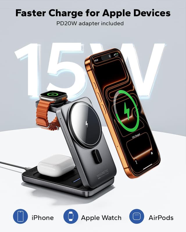 Detalle 2 de KPON 3-in-1 Wireless Charging Station for Apple devices (20W adapter included) - dark grey