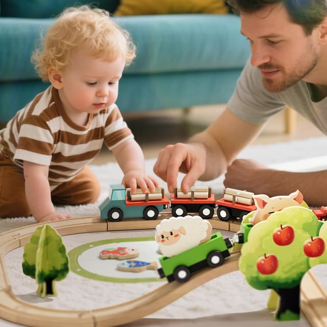 Detalle 2 de Lehoo Castle Wooden Train Set (72 pcs) – Farm-themed magnetic crane wooden tracks for ages 3–6