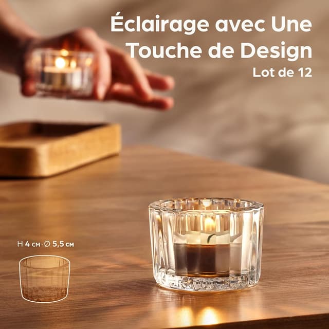 Detalle de Praknu photophore bougeoir en verre transparent rainuré – lot de 12 porte-bougies chauffe-plat