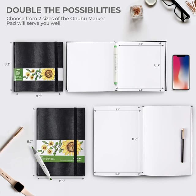 Detalle de Ohuhu 2er-Set Skizzenbücher (A4 + 21x21 cm Quadrat) mit 200 g/m² säurefreiem Papier, Hardcover