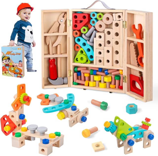 Detalle de Wdmiya Wooden Toys Kids Tools Set (65 PCS) for Ages 2+ — Wooden Tool Box Pretend Play