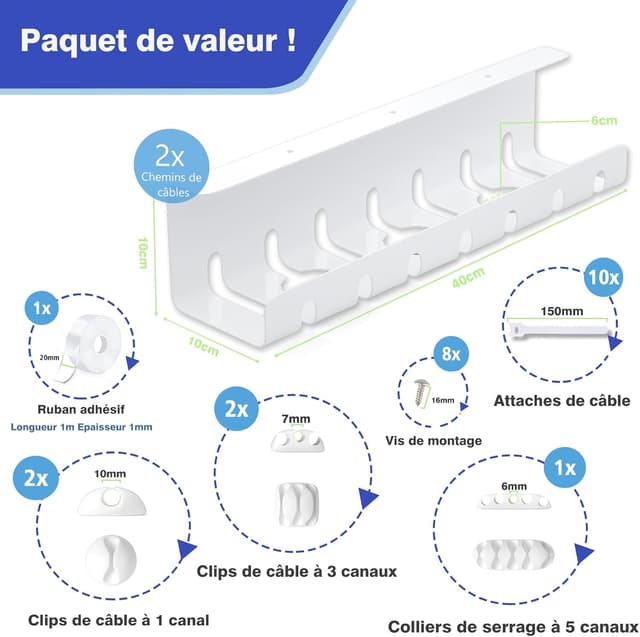 Detalle 2 de HOMMAND Chemins de câbles sous le bureau (lot de 2) : gestion et rangement des câbles