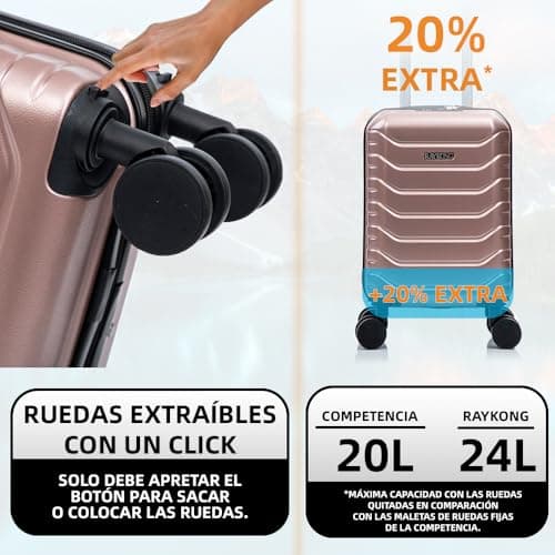 Detalle de RAYKONG maleta de cabina de ABS 40x30x20 cm (24 L) con ruedas desmontables y cerradura numérica – RosaDorada