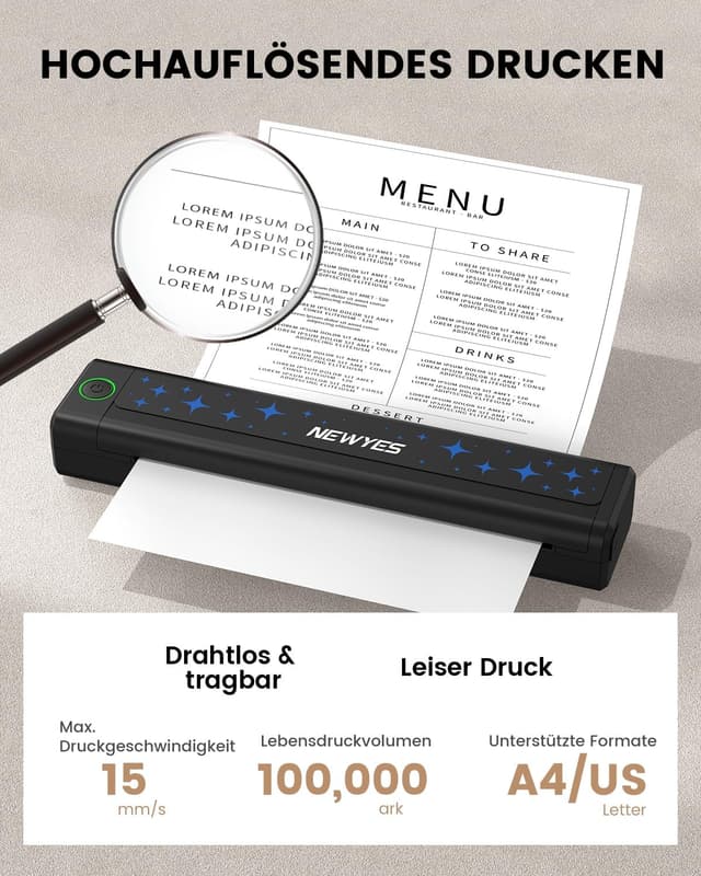 Detalle de NEWYES Tragbarer Thermodrucker für A4 (300 dpi) – Bluetooth-Drucker für Geschäftsreisen & Studium