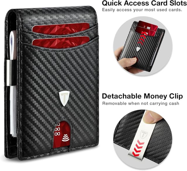 Detalle de Tomylv Men’s Slim RFID Blocking Carbon Fibre Wallet with 12 Card Slots, Money Clip & ID Window (Black)