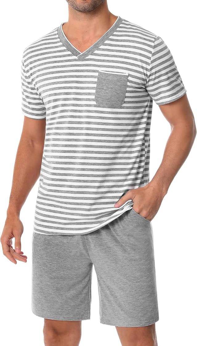 Thumbnail 6 de Leversic Herren-Schlafanzug kurz aus Baumwolle mit Kontraststreifen-Design – Sommer-Pyjama Set