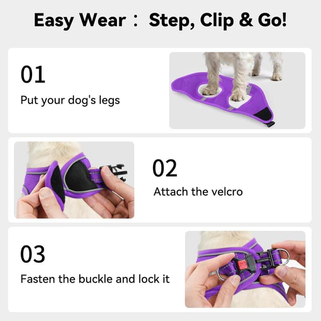 Detalle de Joytale Step in Dog Harness (XS, Purple) – soft mesh reflective easy-walk harness for extra small dogs
