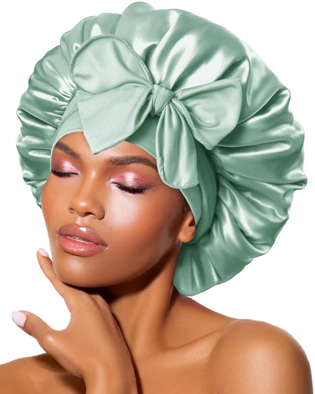 Detalle de Bonnet Queen Silk Bonnet for Sleeping Women (Sage Green) — Adjustable Tie Band Satin Night Cap for Curly Hair