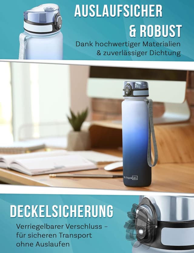 Detalle de My Vesperbox® Kinder-Trinkflasche 1.000 ml mit Kohlesäure-Eignung, auslaufsicher – inkl. Ersatzdichtung