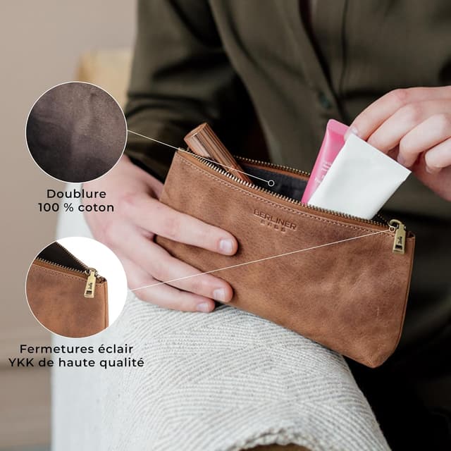 Detalle de Berliner Bags Anna trousse de toilette en cuir véritable marron (19 x 10 x 3 cm)