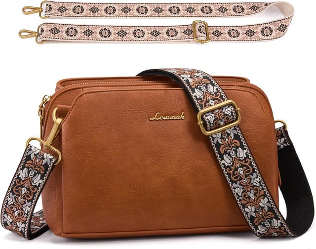 Detalle de LOVEVOOK Umhängetasche Damen – kleine Crossbody Bag mit RFID-Schutz, 3 Fächer und 2 Wechselriemen (hellbraun)