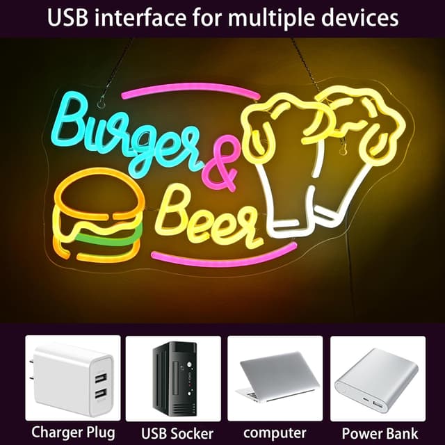 Detalle de LUCUNSTAR „Burger & Beer“ Neon Schild mit USB-Dimmer – Wanddeko für Bar, Restaurant & Küche