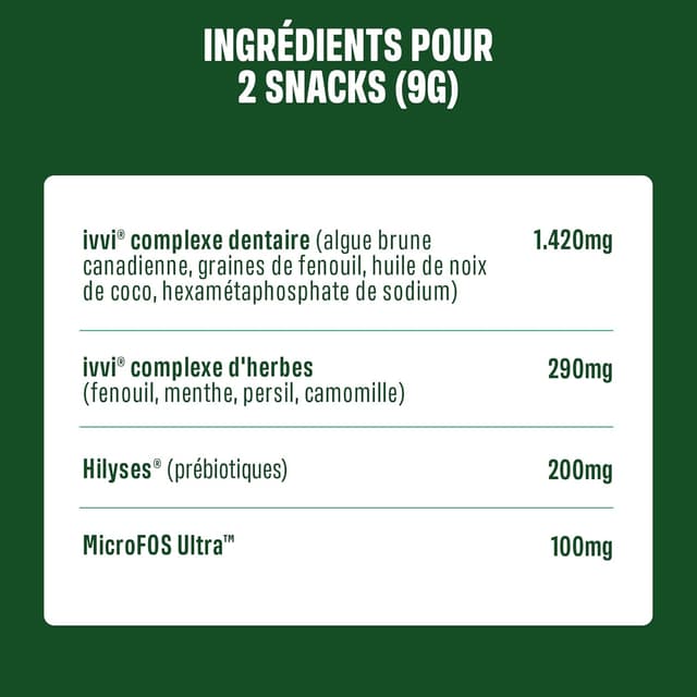 Detalle 2 de ivvi Dental Care Snacks d’hygiène dentaire pour chiens – Menthe, Persil, Fenouil, Camomille, huile de coco et algues brunes (60 snacks)
