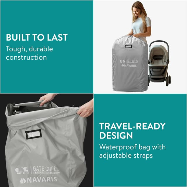 Detalle de Navaris Gate Check Transport Bag for Baby Seat (Waterproof 210D) – Light Grey, 114 x 53 x 35cm