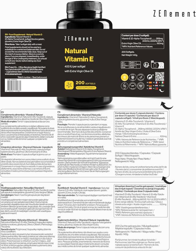Detalle de Natürliches Vitamin E (Alpha-Tocopherol) 400 IU pro Kapsel – 200 Weichkapseln mit Bio-Nativem Olivenöl extra von Zenement