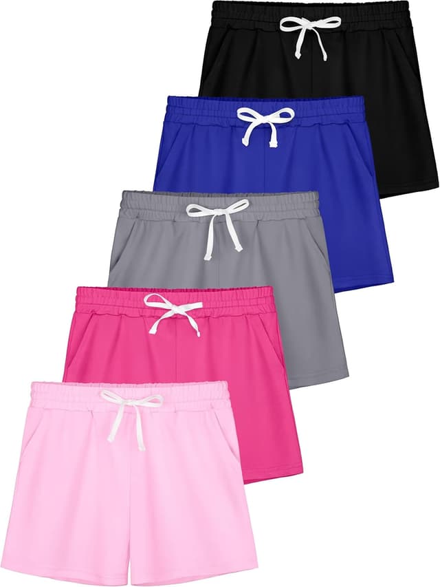 Detalle de QWE 5-Pack Girls Athletic Shorts (Soccer, Running & Basketball) with Drawstring Pocket